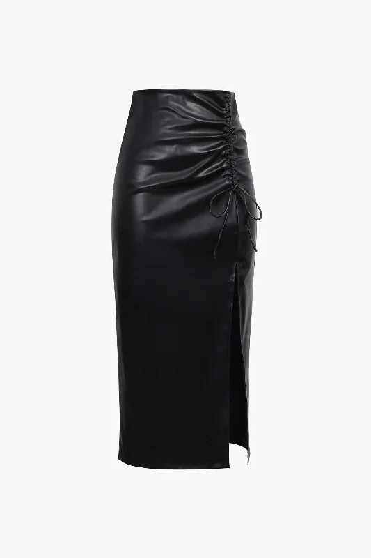 Faux Leather Drawstring Slit Skirt