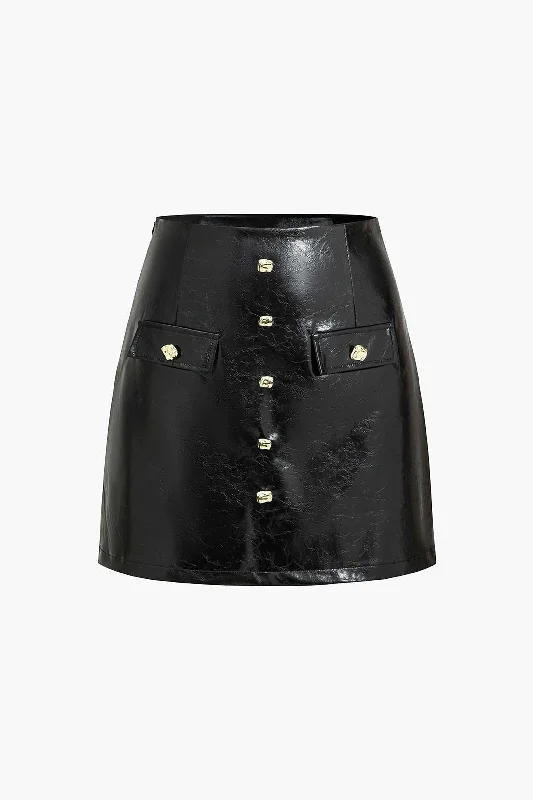 Faux Leather Button Mini Skirt