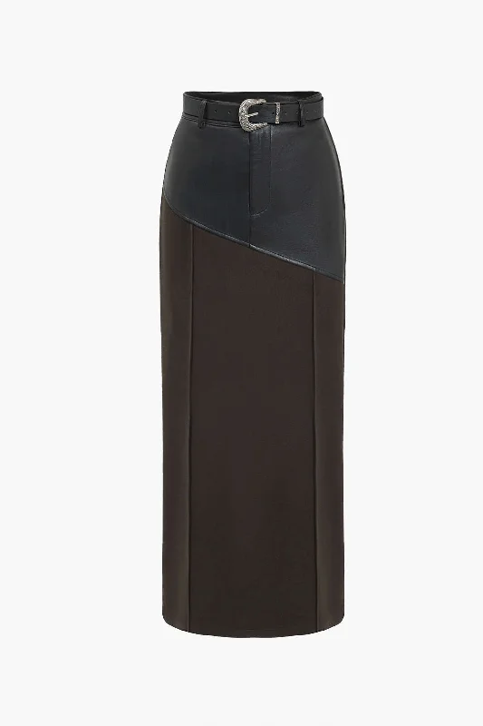 Faux Leather Patchwork Belted Slit Skirt