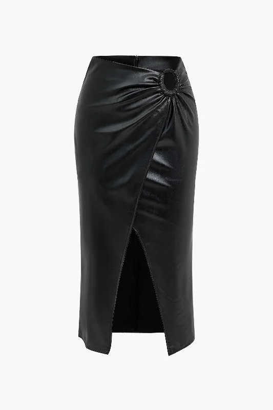 Solid Faux Leather Ruched Ring Split Skirt