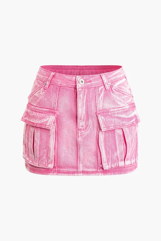 Faded Flap Pocket Cargo Denim Mini Skirt