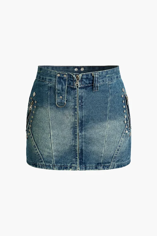 Studded Faded Denim Mini Skirt