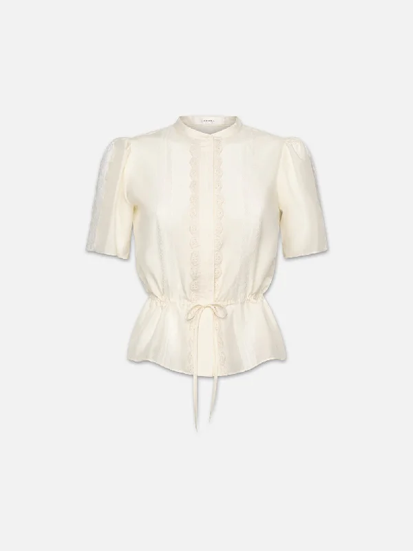 Cinched Lace Trim Blouse -- Cream