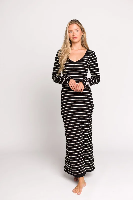 Keaton Knit Maxi Dress with V-Neckline in Black/Cream Stripe