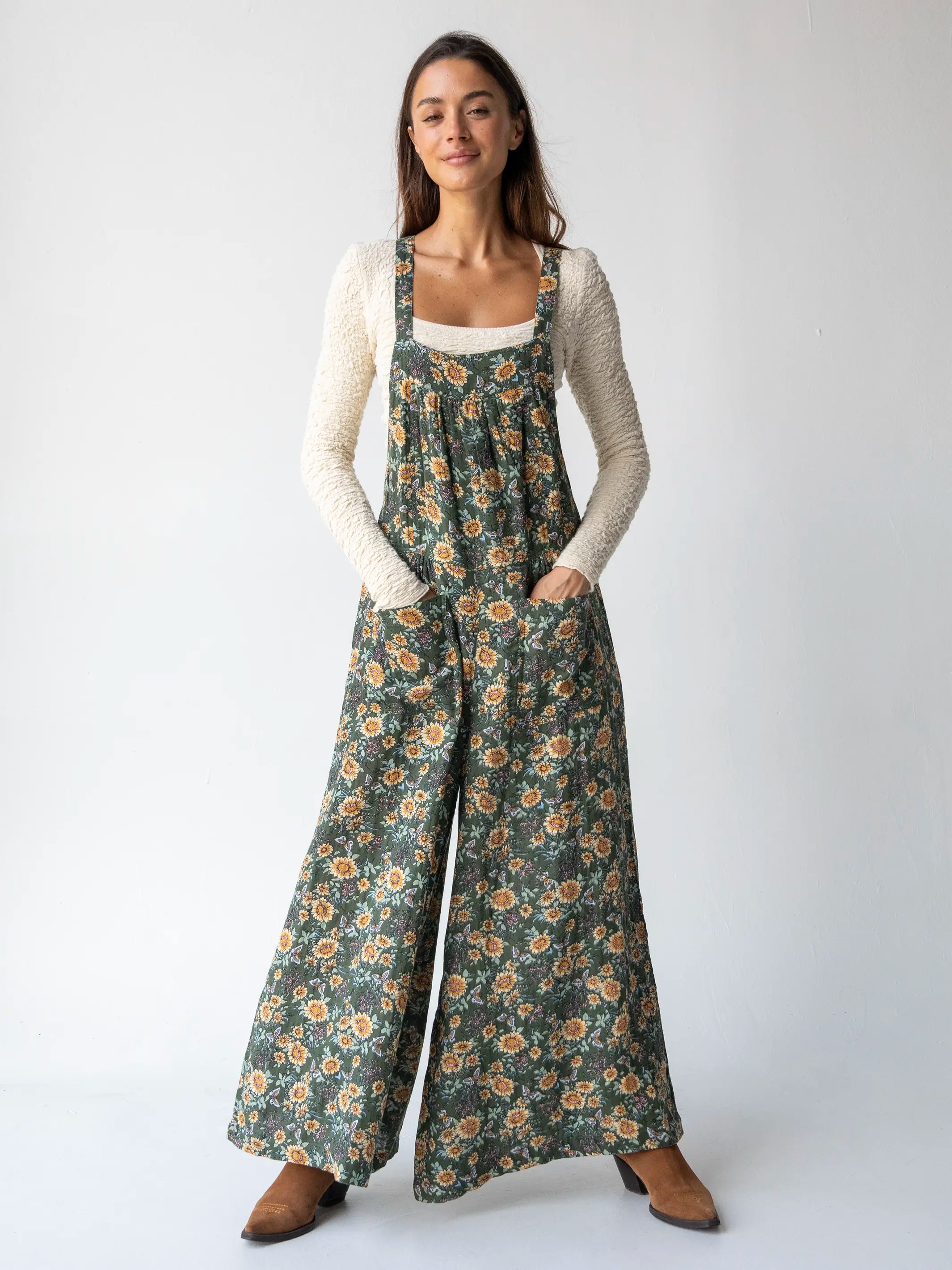 Dakota Tie Overall - Green Sunflower Butterfly Cotton