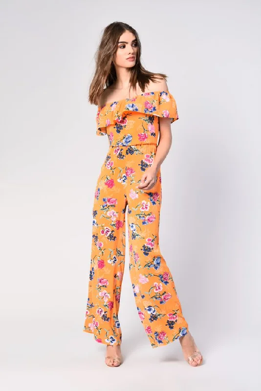 Glamorous Orange Tropical Print Bardot Jumpsuit