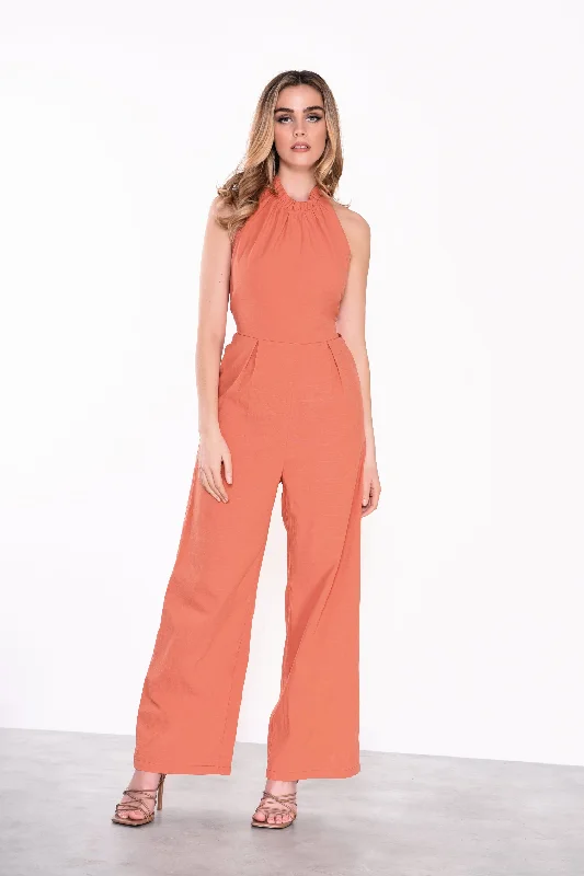 Glamorous Womens Orange Rust Tie Back Wide Leg Jumpsuit