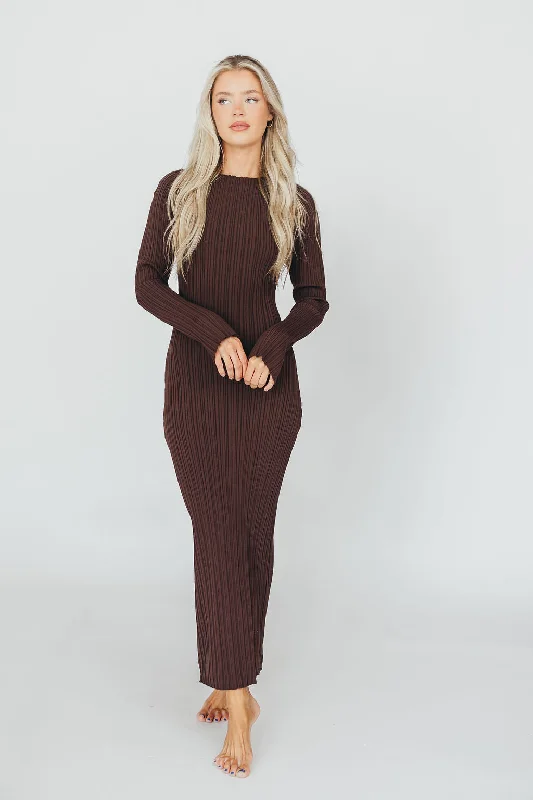 Allie Long Sleeve Ribbed Maxi Dress in Brown - Restocking end of Nov