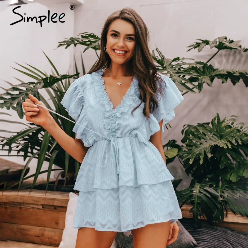 New v neck ruffled blue women romper