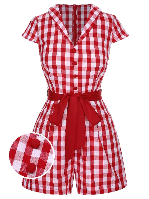 Red 1940s Lapel Plaids Belted Romper