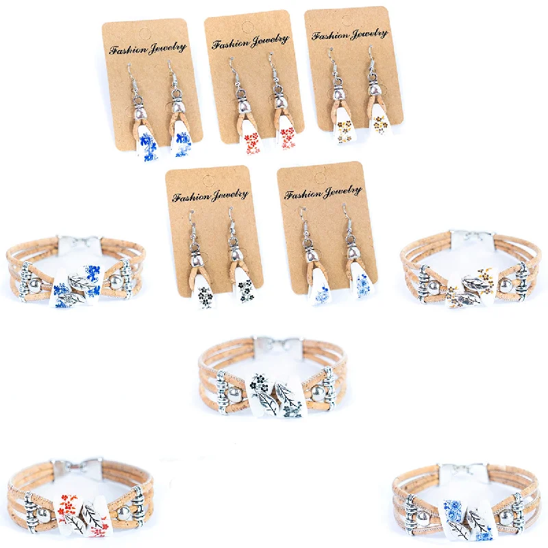 Natural cork cord and ceramic beads handmade bracelet and earring sets ，SET-084-MIX-5