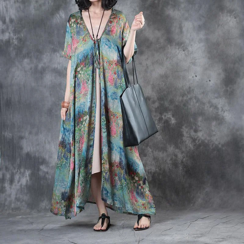 original blue print silk dresses plus size casual women sundress short sleeve cardigans maxi dress