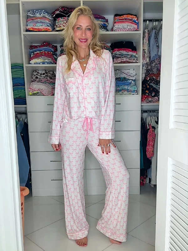 Pink Bow Wide Leg Pants Pajama Set