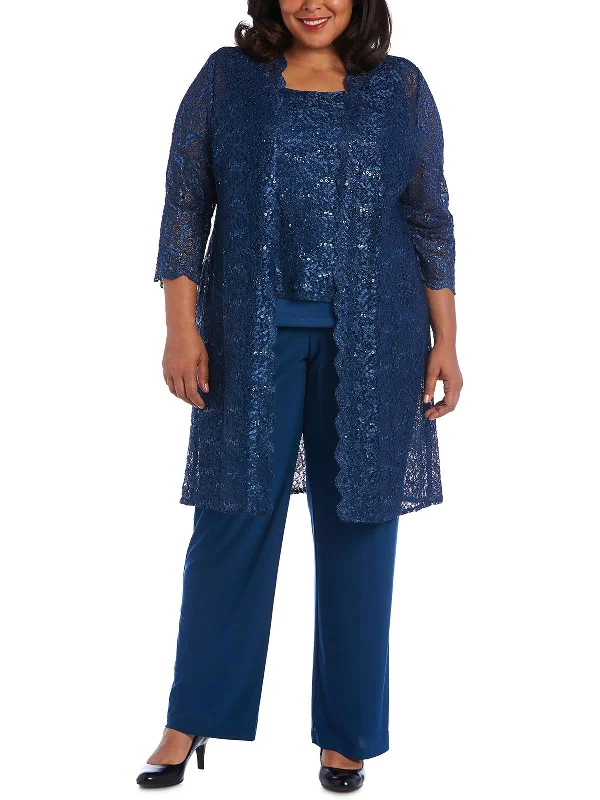 Plus Womens Sequined Lace Pant Suit