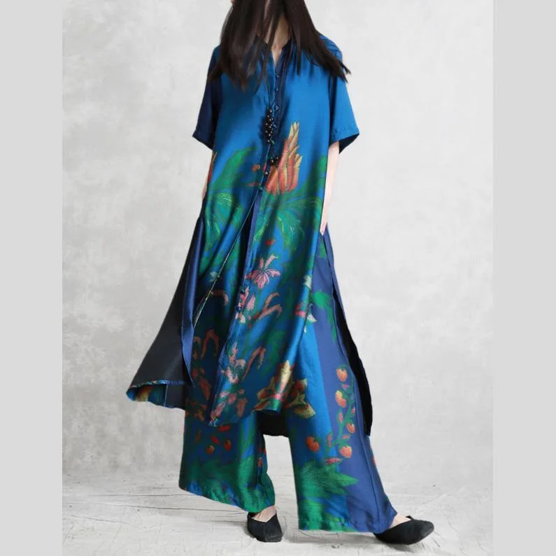 Retro blue Chiffon two-piece female loose collar literary printing long cardigan wide-leg pants summer