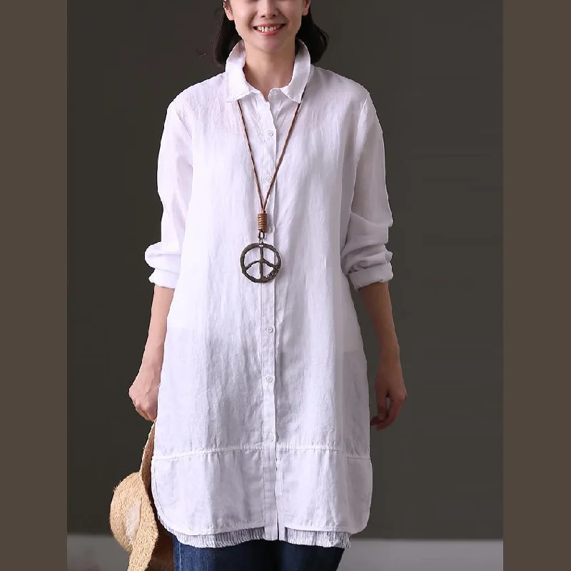 stylish white linen tops Loose fitting casual cardigans Elegant lapel collar patchwork natural linen pullover