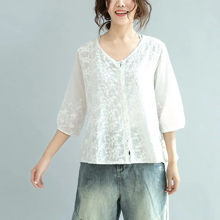 white embroidery cute cotton tops plus size casual blouse half sleeve cardigans