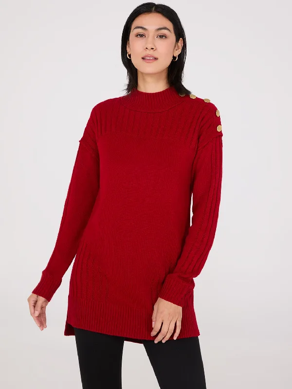 Mock Neck Tunic Sweater With Button Details