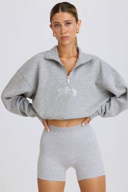 Quarter-Zip Cropped Sweatshirt in Grey Marl