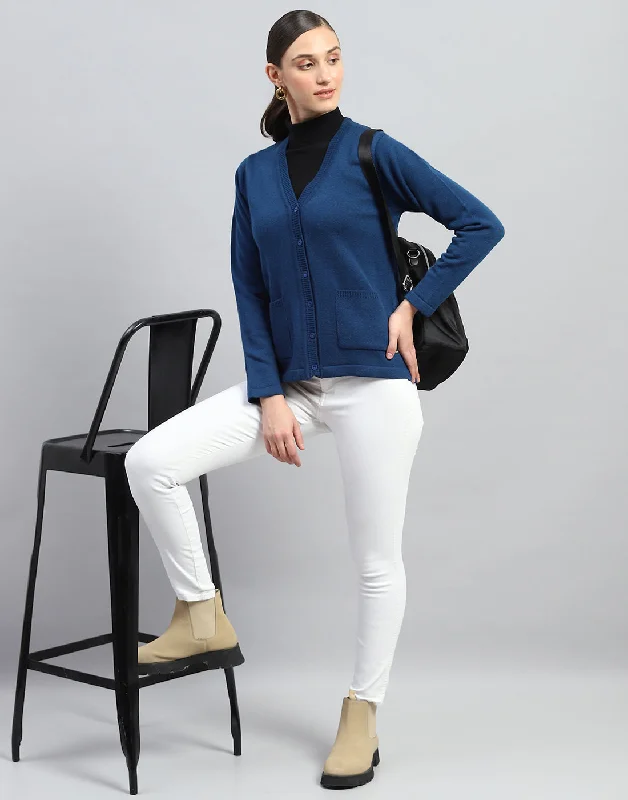 Women Blue Solid V Neck Full Sleeve Cardigan