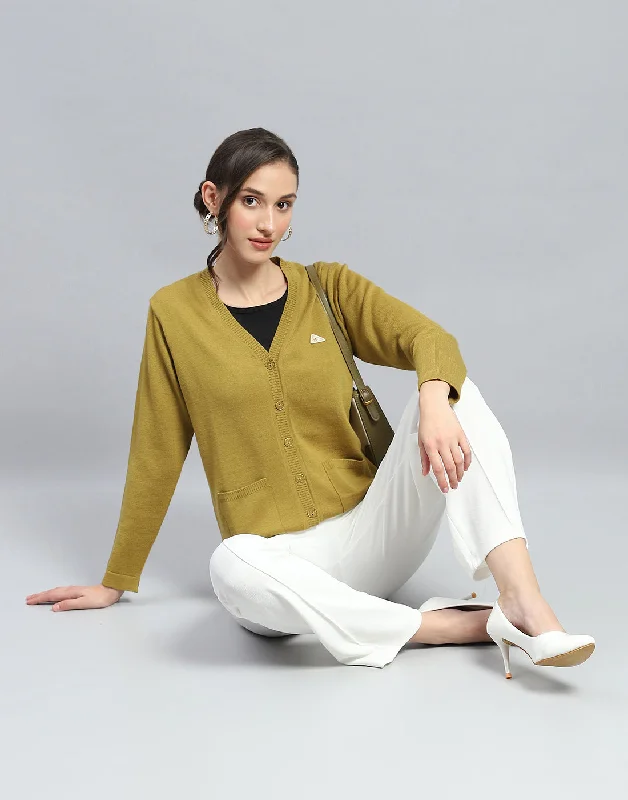 Women Khaki Solid V Neck Full Sleeve Cardigan