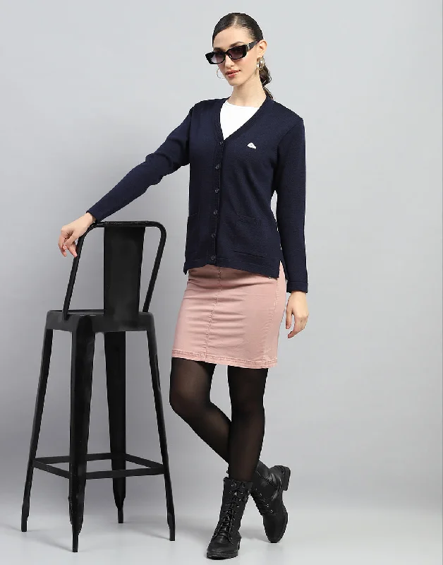 Women Navy Blue Solid V Neck Full Sleeve Cardigan